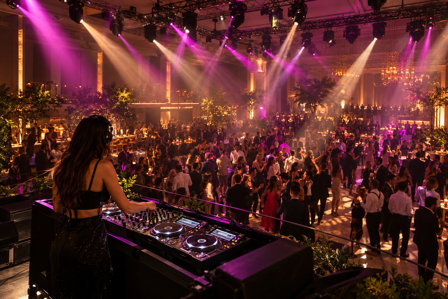Imagem ilustrativa de DJ e pista de dança com iluminação de evento