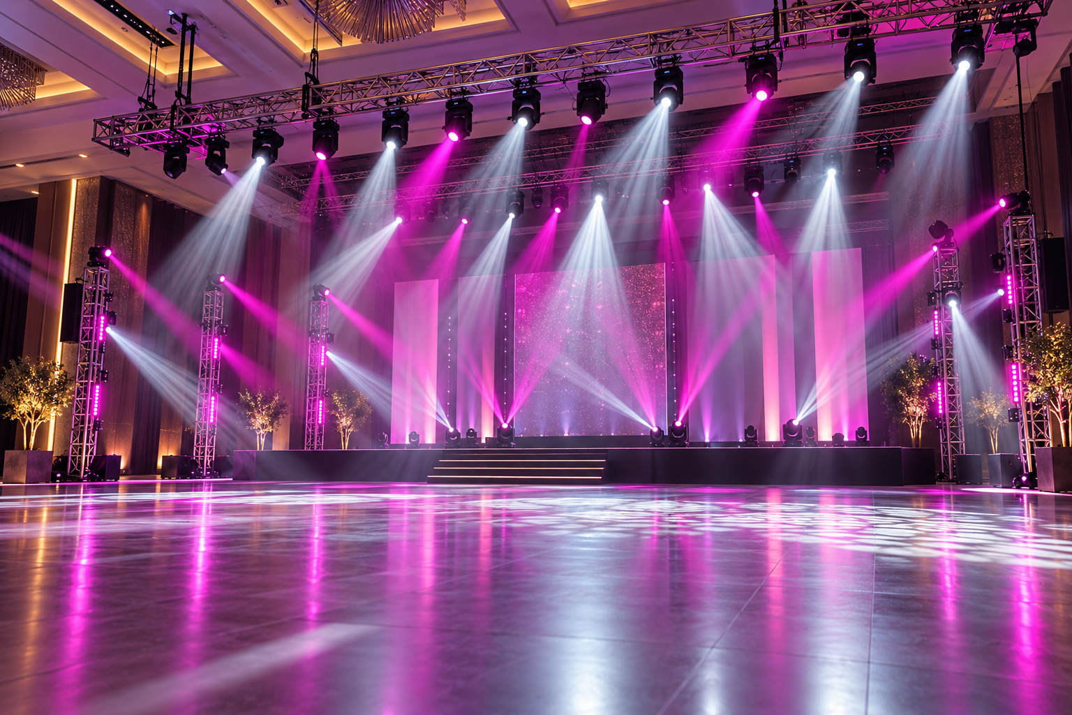Imagem ilustrativa de iluminação cênica profissional com moving heads e box truss