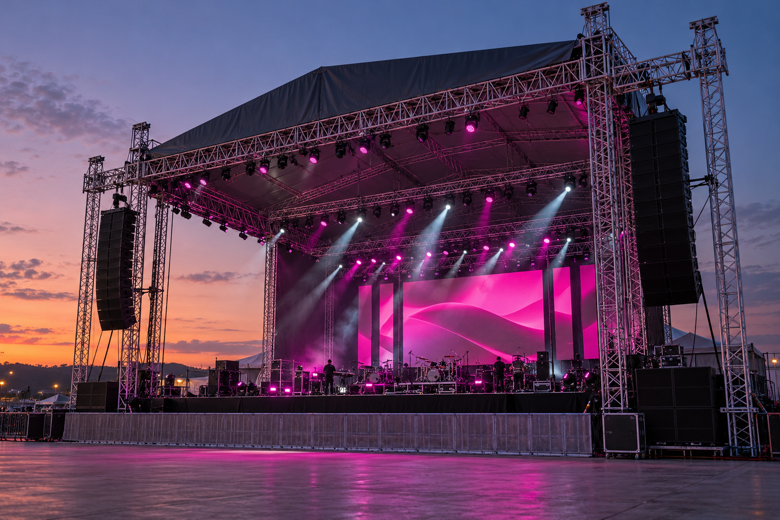 Imagem ilustrativa de palco de grande porte com cobertura, box truss, iluminação e painéis de LED